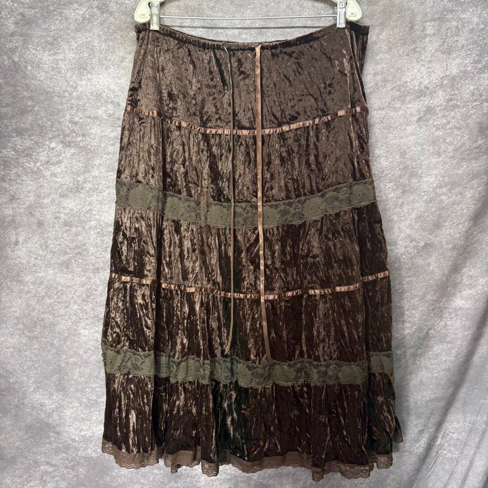 Y2K FANG Brown Crushed Velvet Tiered Lace Trim Midi Skirt Size XL Fairy RenFair